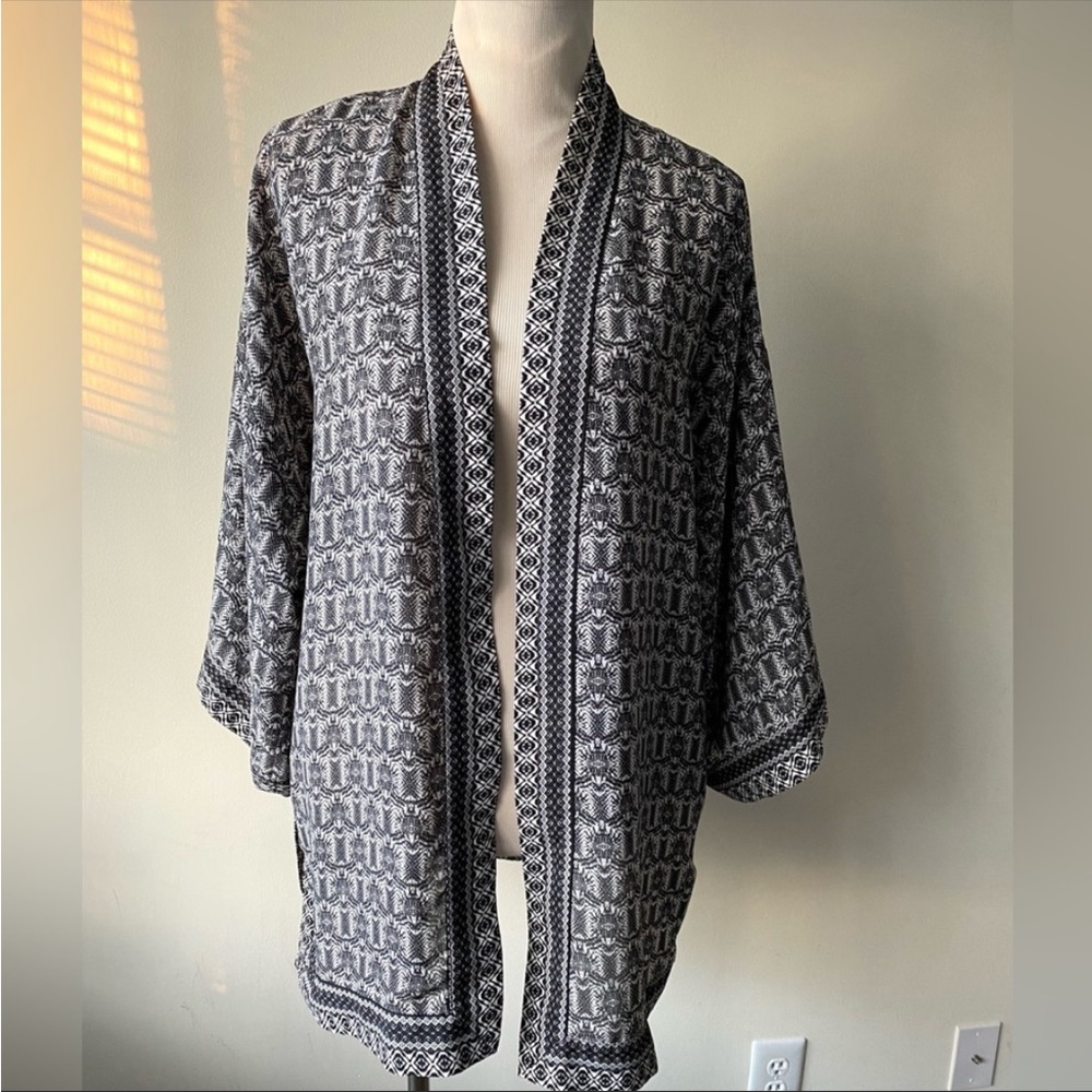 Max Studio Kimono Cardigan Black White Boho Batik Print Open Front Size XL